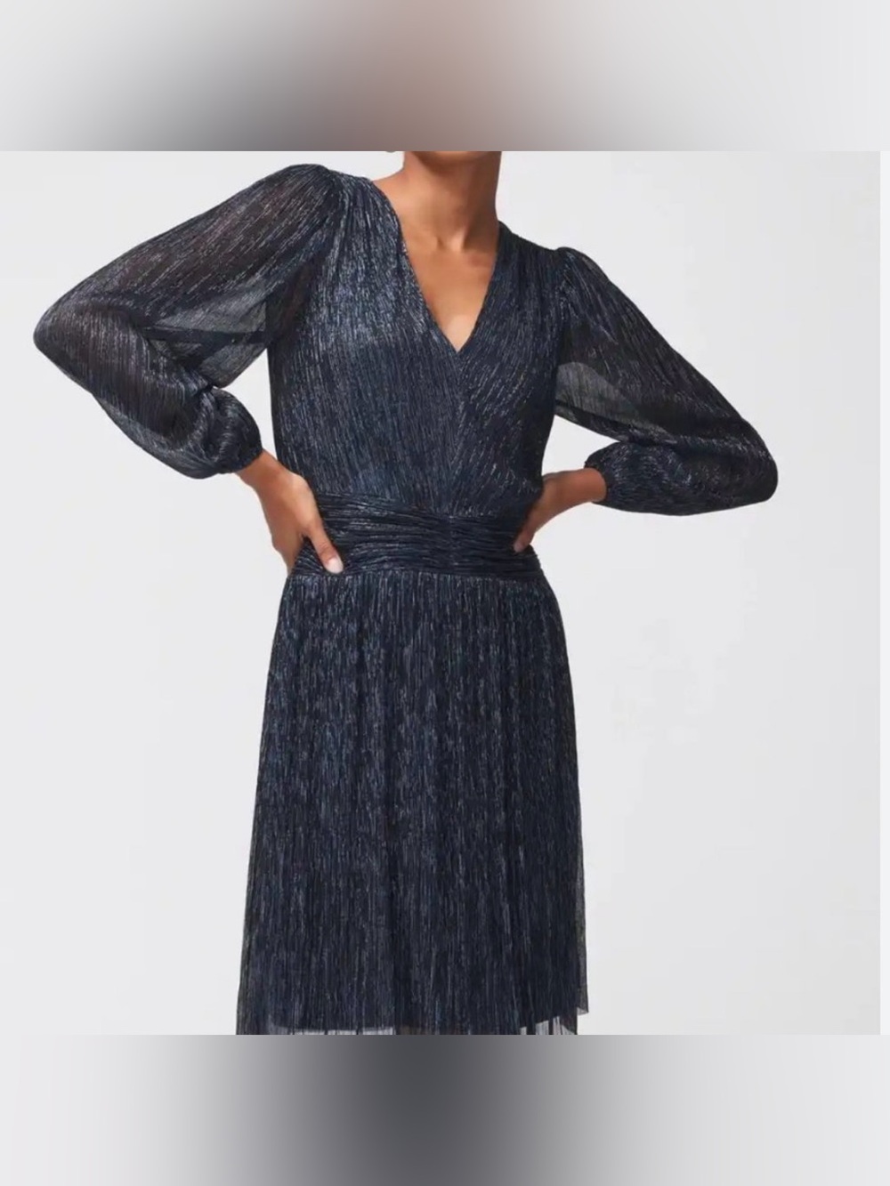 WHBM Shimmery Navy Blue Long Sleeve Dress - Picture 2 of 11